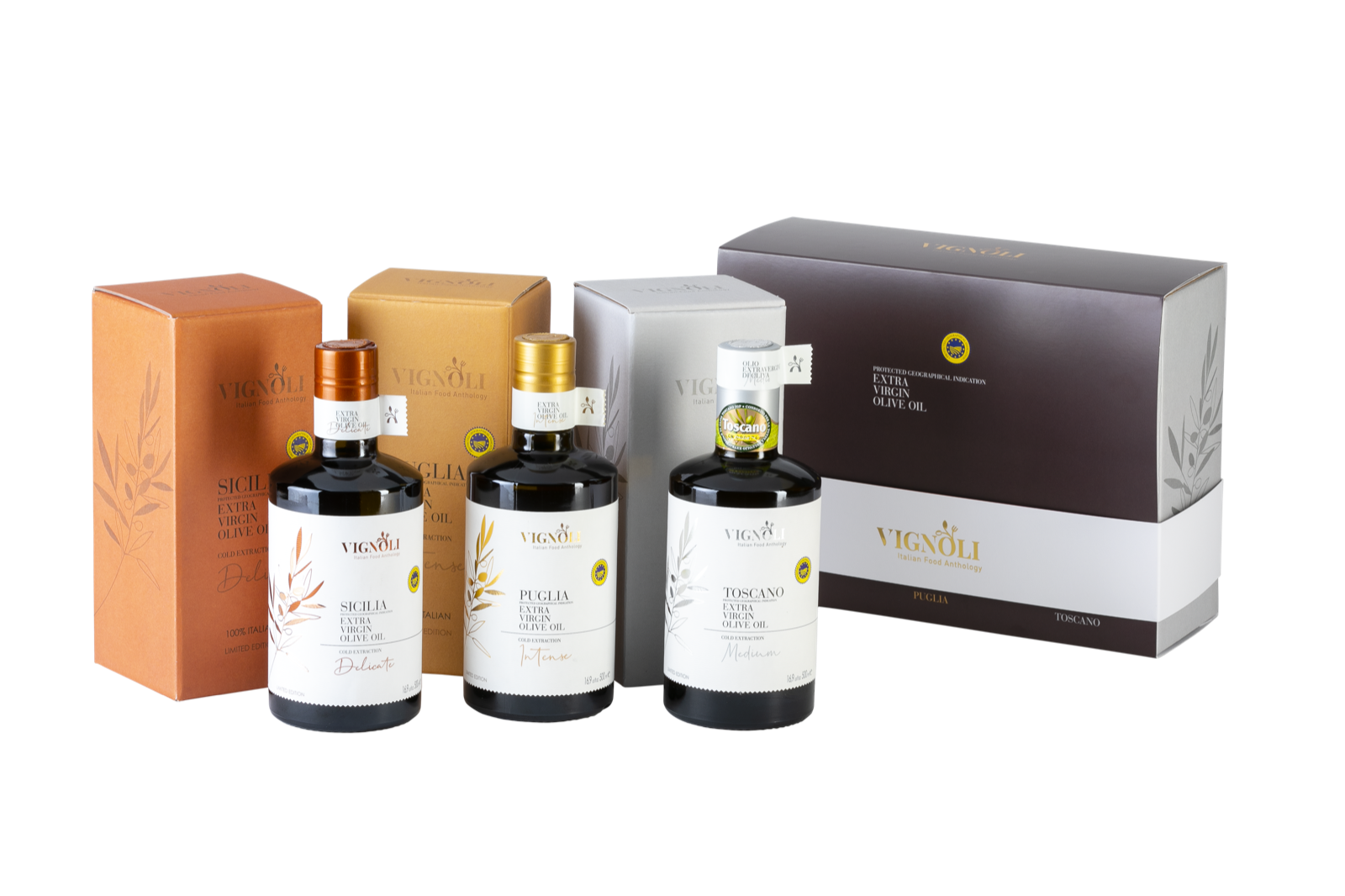 Italian Essentials Trio with Sicilia, Puglia and Toscano IGP bottles and gift packaging